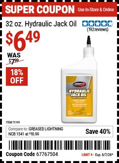 Harbor Freight Coupon JOHNSEN'S 32 OZ. HYDRAULIC JACK OIL Lot No. 71199 Valid Thru: 6/7/26 - $6.49
