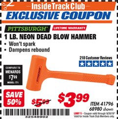 Harbor Freight ITC Coupon 1 LB. NEON DEAD BLOW HAMMER Lot No. 41796/68980 Expired: 9/30/19 - $3.99