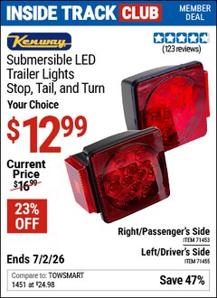 Harbor Freight Coupon KENWAY SUBMERSIBLE LED RIGHT/PASSENGER'S SIDE TRAILER LIGHT Lot No. 71453 Valid: 12/31/69 - 7/2/26 - $12.99