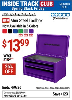 Harbor Freight Coupon U.S. GENERAL MINI STEEL TOOLBOX Lot No. 72438/72436/72431 Valid: 12/31/69 - 4/9/26 - $13.99