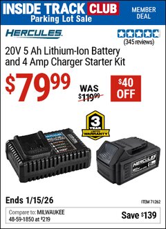 Harbor Freight ITC Coupon HERCULES 20V 5 AH LITHIUM-ION BATTERY AND 4 AMP CHARGER STARTER KIT Lot No. 71262 Expired: 1/15/26 - $79.99