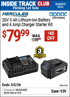 Harbor Freight ITC Coupon HERCULES 20V 5 AH LITHIUM-ION BATTERY AND 4 AMP CHARGER STARTER KIT Lot No. 71262 Expired: 3/5/26 - $79.99