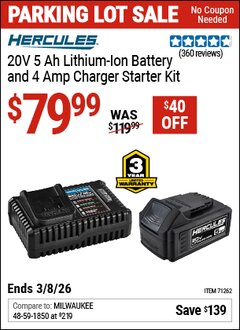 Harbor Freight Coupon HERCULES 20V 5 AH LITHIUM-ION BATTERY AND 4 AMP CHARGER STARTER KIT Lot No. 71262 Expired: 3/8/26 - $79.99