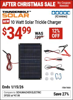 Harbor Freight Coupon THUNDERBOLT SOLAR 10 WATT SOLAR TRICKLE CHARGER Lot No. 70830 Valid Thru: 1/15/26 - $34.99