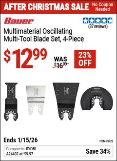 Harbor Freight Coupon BAUER MULTIMATERIAL OSCILLATING MULTI-TOOL BLADE SET, 4-PIECE Lot No. 70722 Valid Thru: 1/15/26 - $12.99