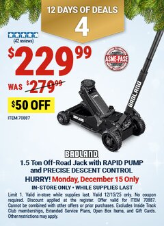 Harbor Freight Coupon BADLAND 1.5 TON OFF-ROAD JACK WITH RAPID PUMP AND PRECISE DESCENT CONTROL Lot No. 70887 Expired: 12/15/25 - $229.99