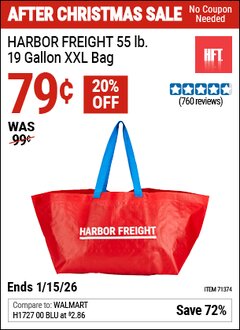 Harbor Freight Coupon HARBOR FREIGHT 55 LB., 19 GALLON XXL BAG Lot No. 71374 Valid Thru: 1/15/26 - $0.79