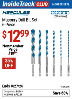 Harbor Freight Coupon HERCULES MASONRY DRILL BIT SET, 6-PIECE Lot No. 70106 Valid: 12/31/69 - 8/27/26 - $12.99