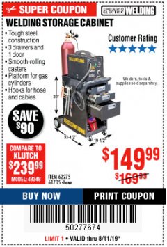 Harbor Freight Coupon WELDING STORAGE CABINET Lot No. 62275/61705 Expired: 8/11/19 - $149.99