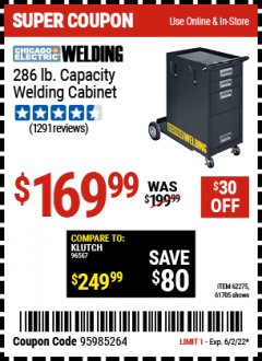 Harbor Freight Coupon WELDING STORAGE CABINET Lot No. 62275/61705 Expired: 6/2/22 - $169.99