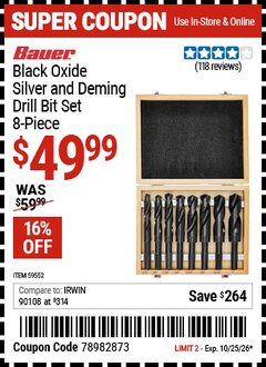 Harbor Freight Coupon BAUER BLACK OXIDE SILVER AND DEMING DRILL BIT SET, 8-PIECE Lot No. 59552 Valid Thru: 10/25/26 - $49.99