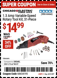 Harbor Freight Coupon CHICAGO ELECTRIC POWER TOOLS 1.3 AMP VARIABLE-SPEED ROTARY TOOL KIT, 31-PIECE Lot No. 68696 Valid Thru: 6/21/26 - $14.99