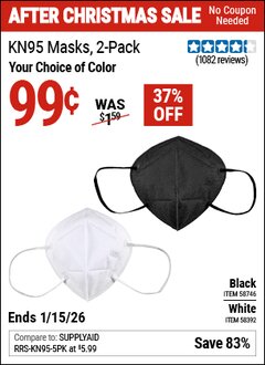 Harbor Freight Coupon KN95 MASKS, 2-PACK Lot No. 58392/58746 Valid Thru: 1/15/26 - $0.99