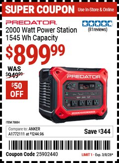 Harbor Freight Coupon PREDATOR 2000 WATT POWER STATION, 1545 WH CAPACITY Lot No. 70084 Valid Thru: 3/8/26 - $899.99