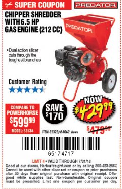 Harbor Freight Coupon CHIPPER/SHREDDER WITH 6.5 HP GAS ENGINE (212 CC) Lot No. 62323/64062 Expired: 7/31/18 - $429.99