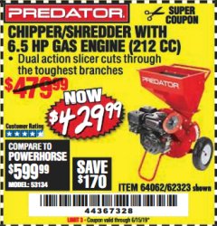 Harbor Freight Coupon CHIPPER/SHREDDER WITH 6.5 HP GAS ENGINE (212 CC) Lot No. 62323/64062 Expired: 6/15/19 - $429.99