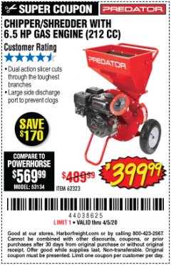 Harbor Freight Coupon CHIPPER/SHREDDER WITH 6.5 HP GAS ENGINE (212 CC) Lot No. 62323/64062 Expired: 6/30/20 - $399.99