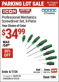 Harbor Freight Coupon ICON PROFESSIONAL MECHANICS SCREWDRIVER SET, 8-PIECE, RED Lot No. 70309 Expired: 6/7/26 - $34.99