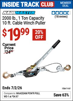 Harbor Freight Coupon HAUL-MASTER 2000 LB., 1 TON CAPACITY, 10 FT. CABLE WINCH PULLER Lot No. 71107 Valid: 12/31/69 - 7/2/26 - $19.99