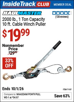 Harbor Freight Coupon HAUL-MASTER 2000 LB., 1 TON CAPACITY, 10 FT. CABLE WINCH PULLER Lot No. 71107 Valid: 12/31/69 - 10/1/26 - $19.99