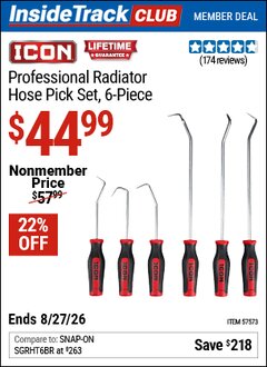 Harbor Freight Coupon ICON PROFESSIONAL RADIATOR HOSE PICK SET, 6-PIECE Lot No. 57573 Valid: 12/31/69 - 8/27/26 - $44.99