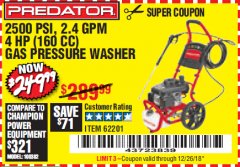 Harbor Freight Coupon 2500 PSI, 2.4 GPM 4 HP (160 CC) PRESSURE WASHER Lot No. 62201 Expired: 12/26/18 - $249.99