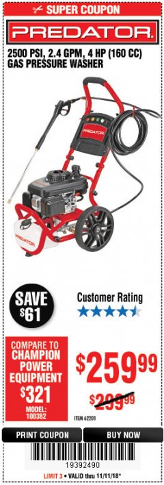 Harbor Freight Coupon 2500 PSI, 2.4 GPM 4 HP (160 CC) PRESSURE WASHER Lot No. 62201 Expired: 11/11/18 - $259.99