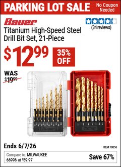 Harbor Freight Coupon BAUER TITANIUM HIGH-SPEED STEEL DRILL BIT SET, 21-PIECE Lot No. 70858 Expired: 6/7/26 - $12.99