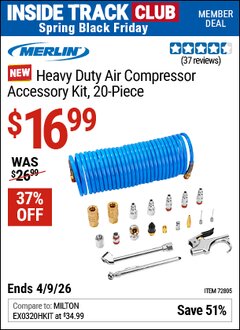 Harbor Freight Coupon MERLIN HEAVY DUTY AIR COMPRESSOR ACCESSORY KIT, 20-PIECE Lot No. 72805 Valid: 12/31/69 - 4/9/26 - $16.99