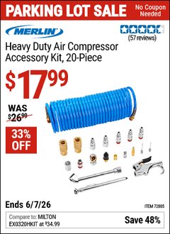 Harbor Freight Coupon MERLIN HEAVY DUTY AIR COMPRESSOR ACCESSORY KIT, 20-PIECE Lot No. 72805 Valid Thru: 6/7/26 - $17.99