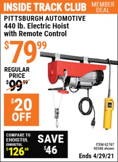 Harbor Freight ITC Coupon 440 LB. CAPACITY ELECTRIC HOIST WITH REMOTE CONTROL Lot No. 40765/60346/60385/62767 Expired: 4/29/21 - $79.99