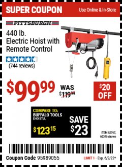Harbor Freight Coupon 440 LB. CAPACITY ELECTRIC HOIST WITH REMOTE CONTROL Lot No. 40765/60346/60385/62767 Expired: 6/2/22 - $99.99
