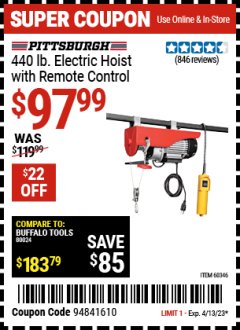 Harbor Freight Coupon 440 LB. CAPACITY ELECTRIC HOIST WITH REMOTE CONTROL Lot No. 40765/60346/60385/62767 Expired: 4/14/23 - $97.99