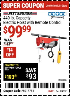 Harbor Freight Coupon 440 LB. CAPACITY ELECTRIC HOIST WITH REMOTE CONTROL Lot No. 40765/60346/60385/62767 Expired: 9/4/23 - $0.99