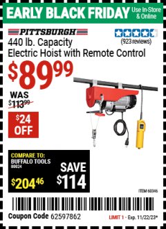 Harbor Freight Coupon 440 LB. CAPACITY ELECTRIC HOIST WITH REMOTE CONTROL Lot No. 40765/60346/60385/62767 Expired: 11/22/23 - $89.99
