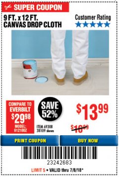 Harbor Freight Coupon 9 FT. x 12 FT. CANVAS DROP CLOTH Lot No. 38109 Expired: 7/8/18 - $13.99