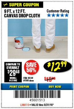 Harbor Freight Coupon 9 FT. x 12 FT. CANVAS DROP CLOTH Lot No. 38109 Expired: 8/31/18 - $12.99