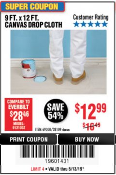 Harbor Freight Coupon 9 FT. x 12 FT. CANVAS DROP CLOTH Lot No. 38109 Expired: 5/13/19 - $12.99