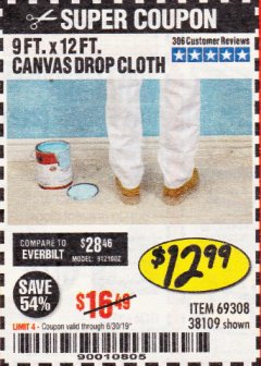 Harbor Freight Coupon 9 FT. x 12 FT. CANVAS DROP CLOTH Lot No. 38109 Expired: 6/30/19 - $12.99