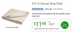 Harbor Freight Coupon 9 FT. x 12 FT. CANVAS DROP CLOTH Lot No. 38109 Expired: 6/30/20 - $11.99
