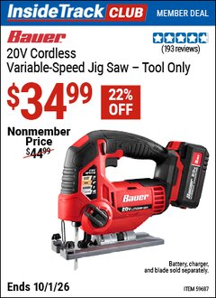 Harbor Freight Coupon BAUER 20V CORDLESS VARIABLE-SPEED JIG SAW &ndash; TOOL ONLY Lot No. 59687 Valid: 12/31/69 - 10/1/26 - $34.99