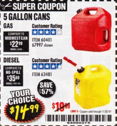 Harbor Freight Coupon 5 GALLON GAS CAN Lot No. 60401/67997 Expired: 11/30/18 - $14.99