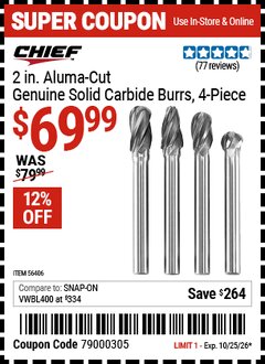 Harbor Freight Coupon CHIEF 2 IN. ALUMA-CUT GENUINE SOLID CARBIDE BURRS, 4-PIECE Lot No. 56406 Valid Thru: 10/25/26 - $69.99