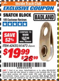 Harbor Freight ITC Coupon SNATCH BLOCK Lot No. 62435/61673 Expired: 12/31/18 - $19.99