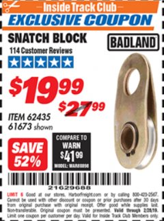 Harbor Freight ITC Coupon SNATCH BLOCK Lot No. 62435/61673 Expired: 2/28/19 - $19.99