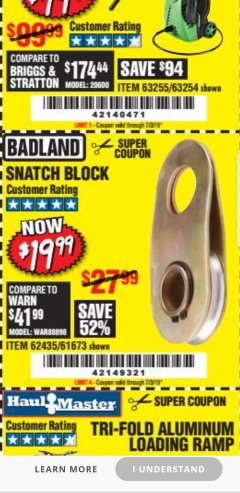 Harbor Freight Coupon SNATCH BLOCK Lot No. 62435/61673 Expired: 7/13/19 - $19.99