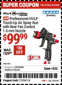 Harbor Freight Coupon BLACK WIDOW BY SPECTRUM PROFESSIONAL HVLP TOUCH-UP AIR SPRAY GUN WITH REAR FAN CONTROL, 1.0 MM NOZZLE Lot No. 71090 Valid Thru: 3/22/26 - $99.99