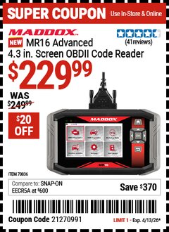 Harbor Freight Coupon MADDOX MR16 ADVANCED 4.3 IN. SCREEN OBDII CODE READER Lot No. 70836 Valid Thru: 4/13/26 - $229.99