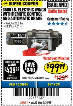 Harbor Freight Coupon 3500 LB. ELECTRIC WINCH WITH REMOTE CONTROL AND AUTOMATIC BRAKE Lot No. 61383/61604/61257 Expired: 5/31/18 - $99.99