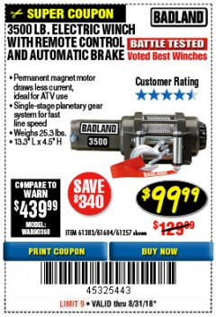 Harbor Freight Coupon 3500 LB. ELECTRIC WINCH WITH REMOTE CONTROL AND AUTOMATIC BRAKE Lot No. 61383/61604/61257 Expired: 8/31/18 - $99.99